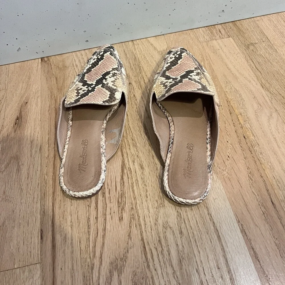 Madewell Snake Print Leather Mules Slip On Flats Womens 7.5 Neutral